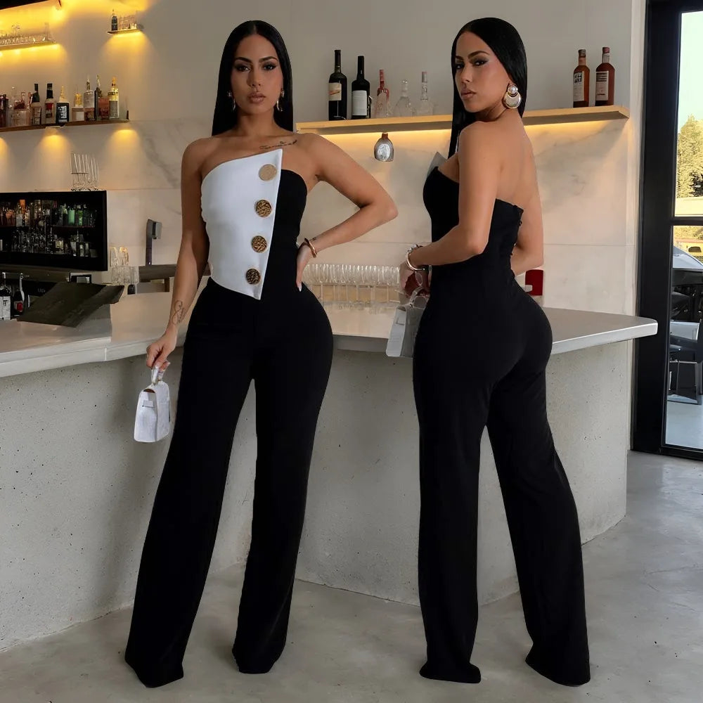 CM.YAYA Elegant Button Strapless Sleeveless Irregular Girl Jumpsuits 2025 Spring Women's Overalls Outfits Night Club One Piece