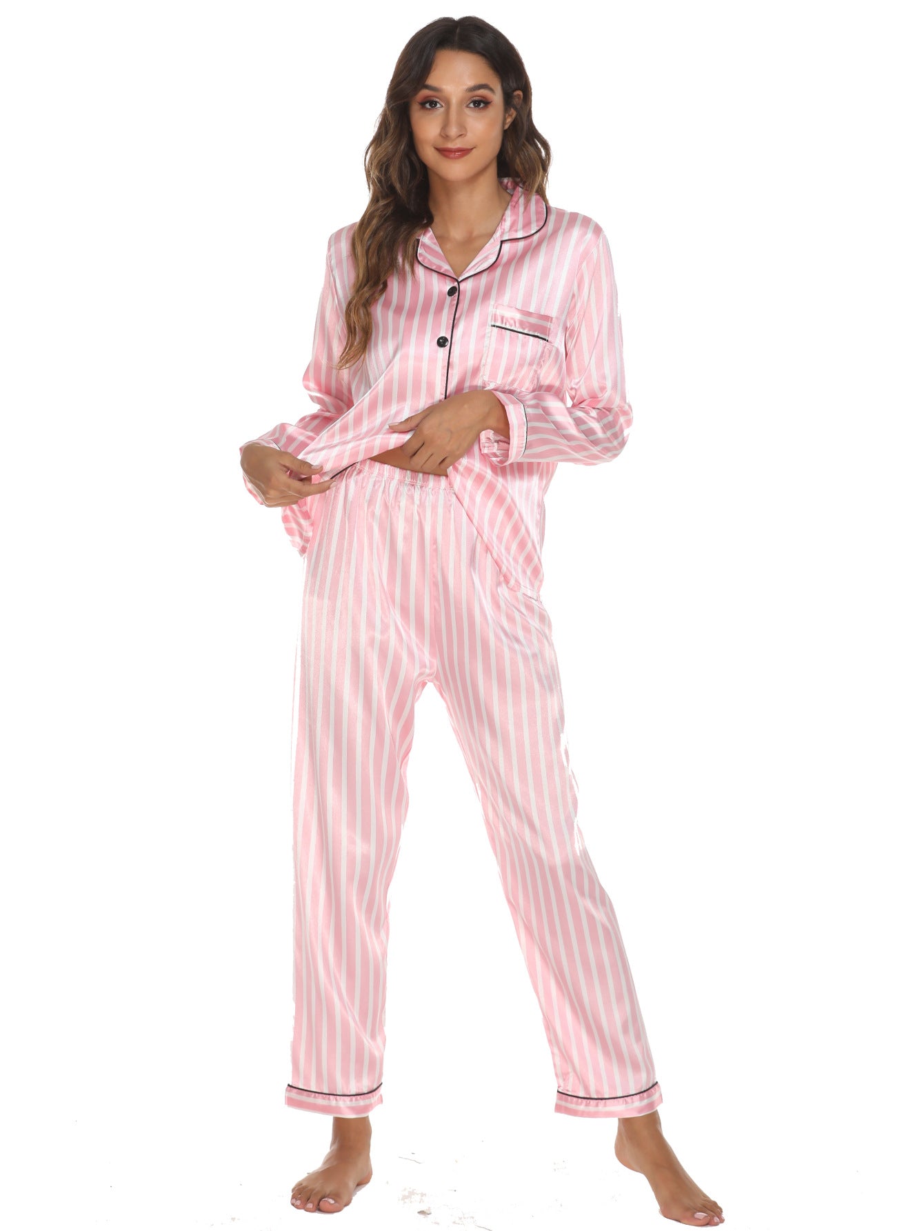 Women 2 Pieces Satin Pajamas Set Spring Autumn Long Sleeve Button Up Shirt and Casual Loose Elastic Pants Sleepwear Loungewear
