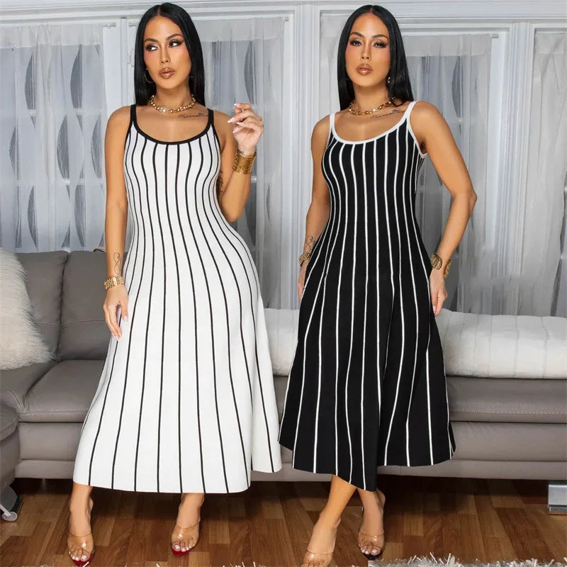 Summer Striped Printed A-line Maxi Dress for Woman Sleeveless Camisole V-neck Casual Club Party Long Dresses Sundress Vacation