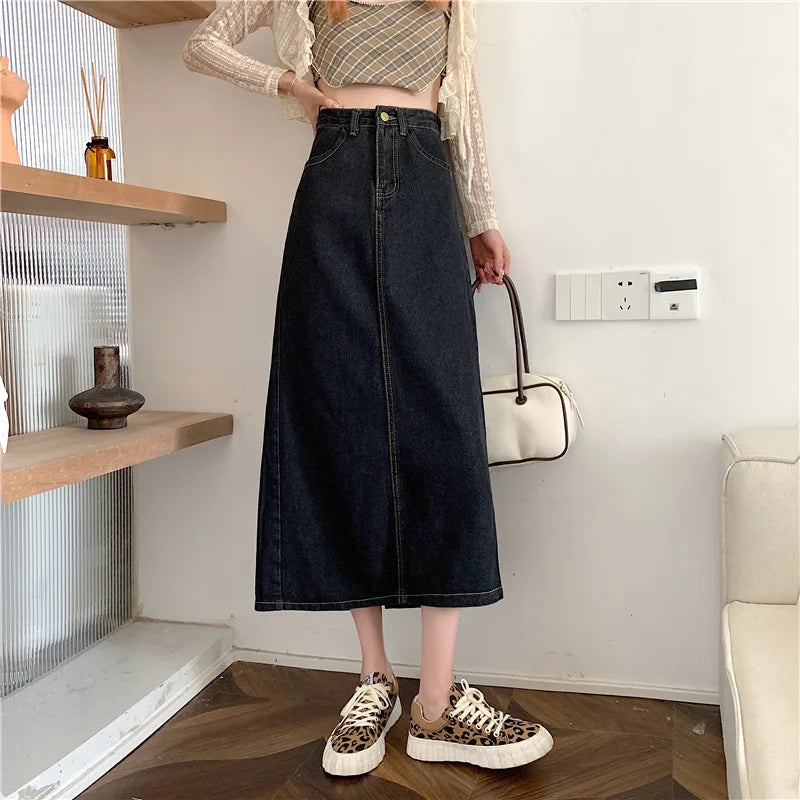 New 2022 Spring-Autumn Medium-Length Denim Skirt For Women High-Waisted Slimming Plus Size Curvy Girls A- Line Hip Covering Skir