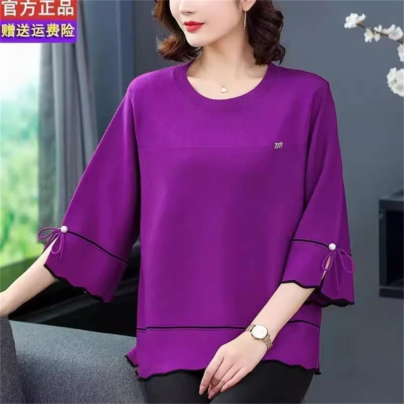 6XL Mom Large Summer New Ice Silk Shirt 3/4 Sleeves Round necked T-shirt Knit Sweater Loose Top For Wearing Outwear Top Black