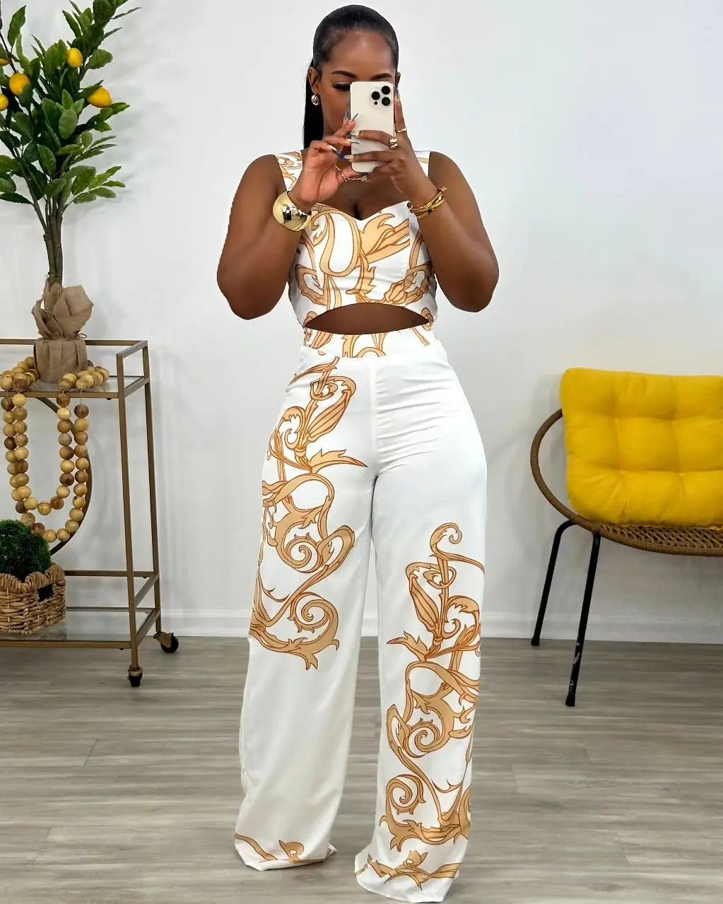 CM.YAYA 2024 Summer Women's Set Sleeveless Strapless Tops +Wide Leg Pants Print Party Street Two 2 Piece Sets Outfits Tracksuit