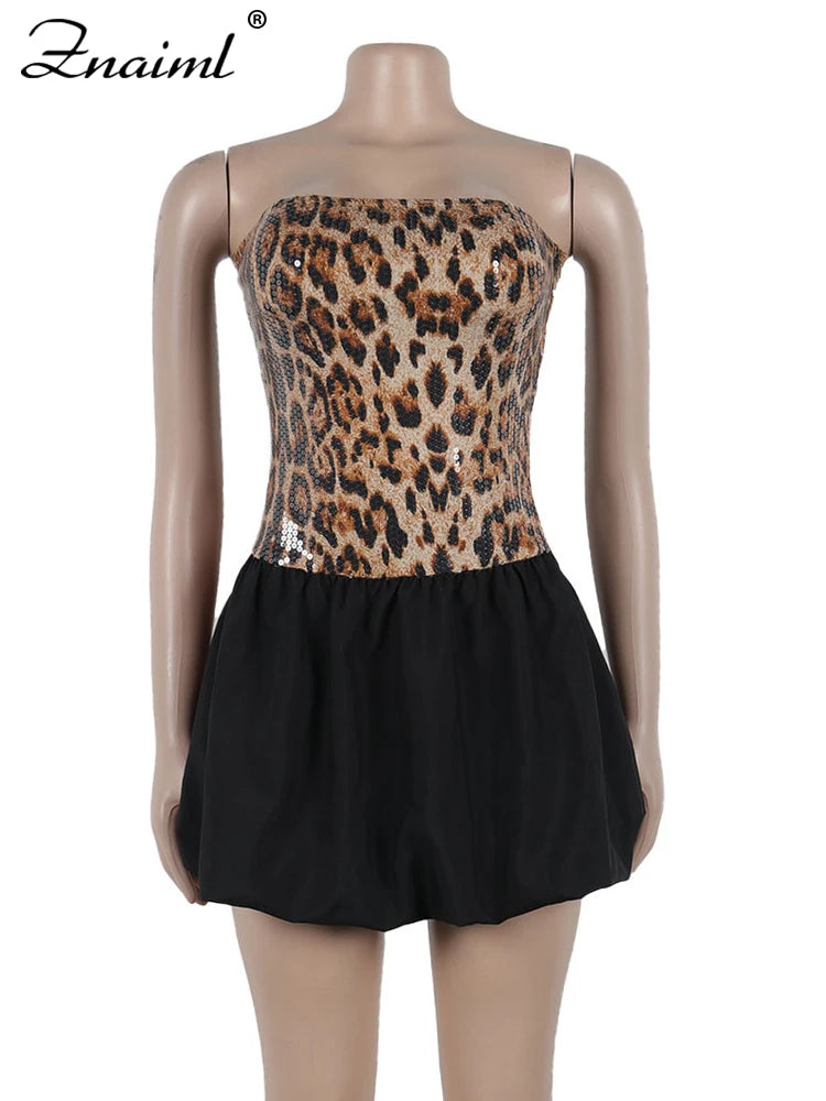 Znaiml Sexy Leopard Print Sequins Patchwork A-line Mini Dresses Woman Off Shoulder Tube Strapless Prom Night Club Short Dress