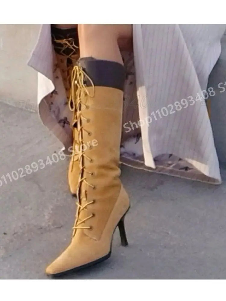 Khaki Front Lace-up Pointy Mid Calf Boots Sexy Runway Stiletto High Heel Elegant Fashion Women Shoes 2025 Autumn Para Mujere