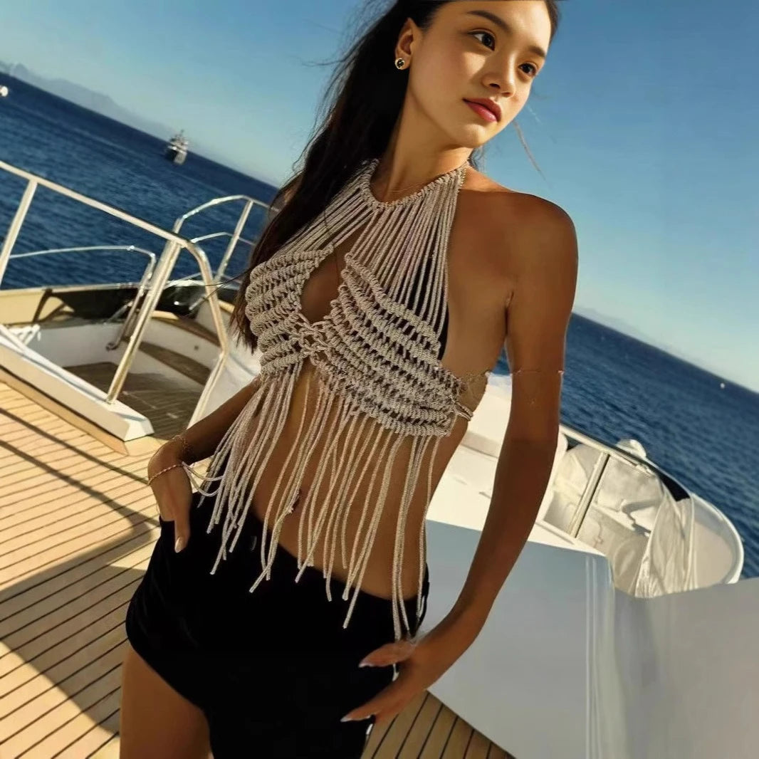 Boho Crochet Tassel Backless Halter Camisole Top for Women