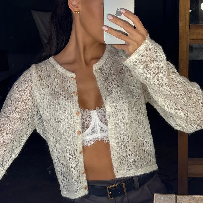 Sexy O-collar Single Breasted Hollow Cardigan Women Casual Solid Color Short Sweater Spring Autumn Thin Long Sleeve Knitted Coat