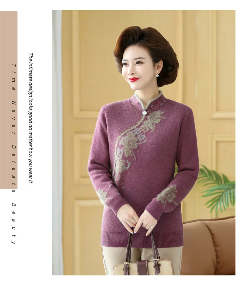 2025 Autumn New Mom's Velvet And Warm Knitted Embroidered Bottom Shirts Imitation Mink Fleece Winter Inner Plsh Thick Pullover