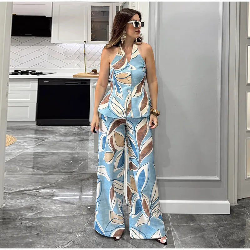 Halter Print Top Pants Set Women Backless Crop Tops Wide Leg Baggy Pants Two Pieces Set Chic Vacation Casual Women Outfit