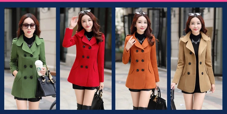 Autumn Winter Women Double Breasted Woolen Coat Solid Color Lapel Slim Fit Short Ladies Wool Jacket S-3XL