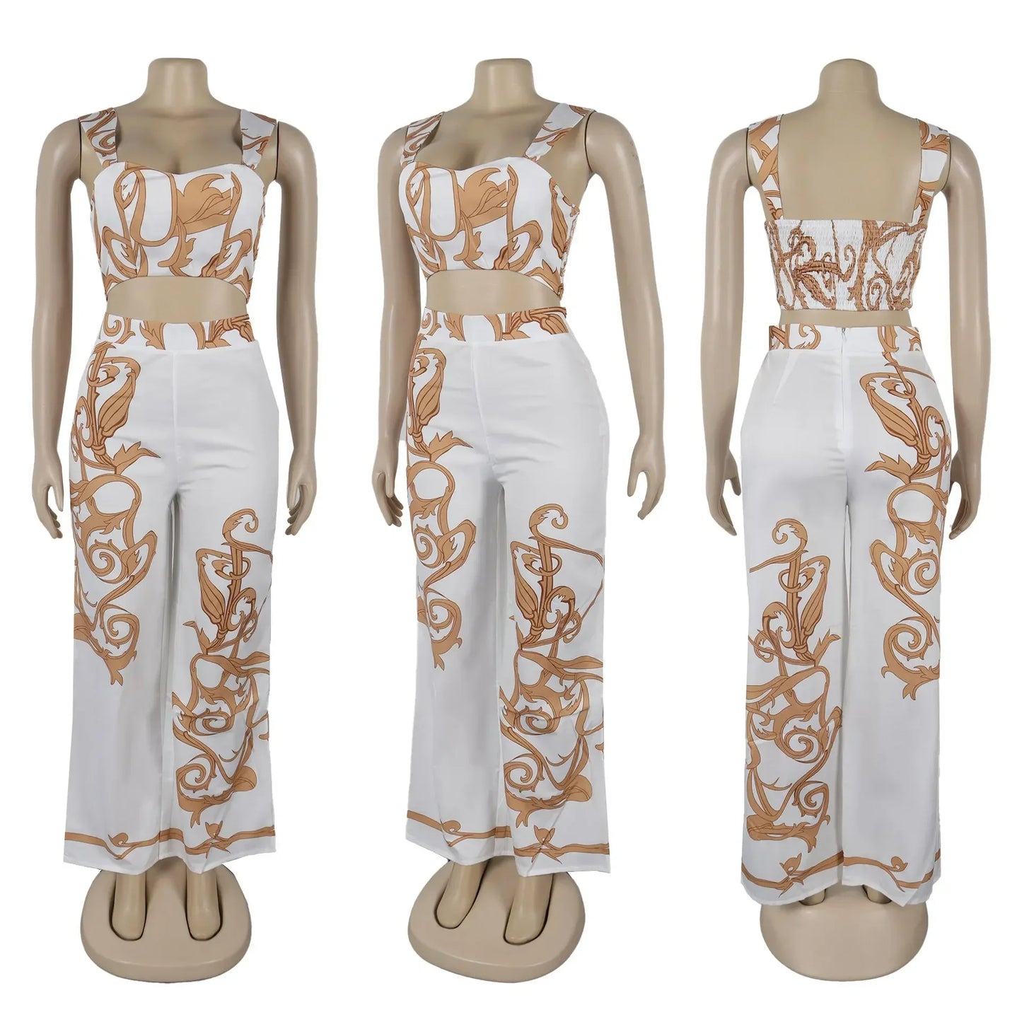 CM.YAYA 2024 Summer Women's Set Sleeveless Strapless Tops +Wide Leg Pants Print Party Street Two 2 Piece Sets Outfits Tracksuit