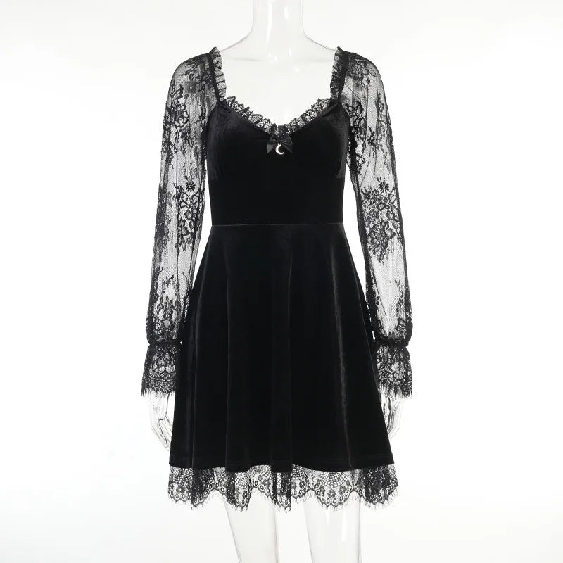 Y2K Hollow Cuffs Strapless Sexy Gothic Lace Dress Dark Style Pleated Knee-length Skirt Women‘s Slim Fit Fashion Women's Clothing