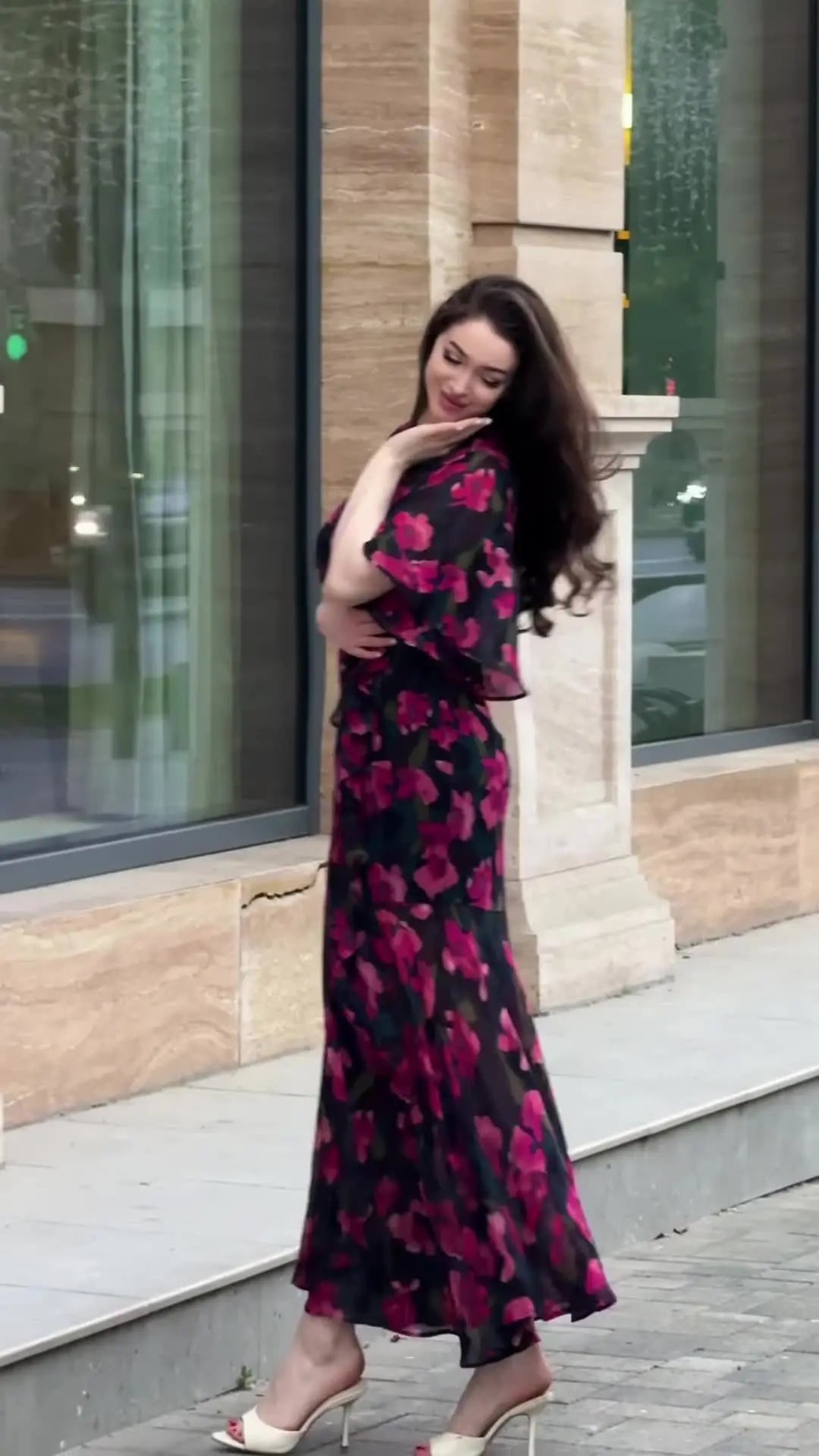V Neck Floral Print Short Sleeve Ankle Length Dress for Women