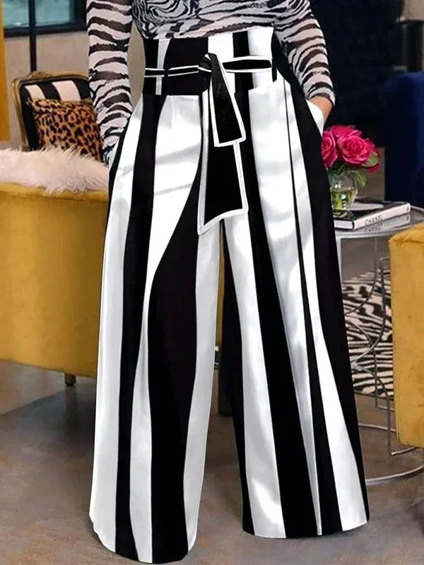 Fashion Black White Striped Wide Leg Pants Women 2024 New Autumn Lace-up High Waisted Loose Casual Commute Trousers
