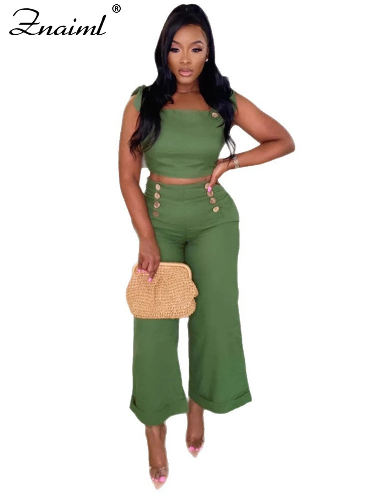 Znaiml Green Tie Shoulder Ruched Wide Strap Slim Fit Crop Top and Wide Leg Pant 2 Pieces Women Summer Streetwear Matching Sets