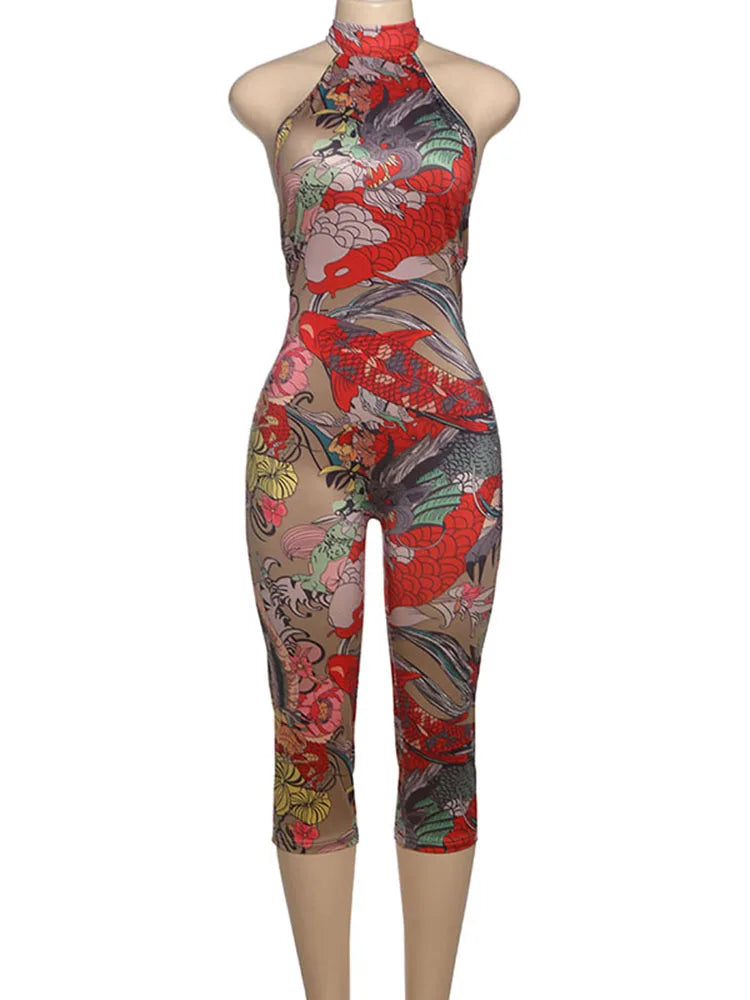 Weird Puss Sexy Print Halter Romper Women Bandage Summer Colorful Hipster Backless Activity Workout Fit Tight Stretch Playsuits