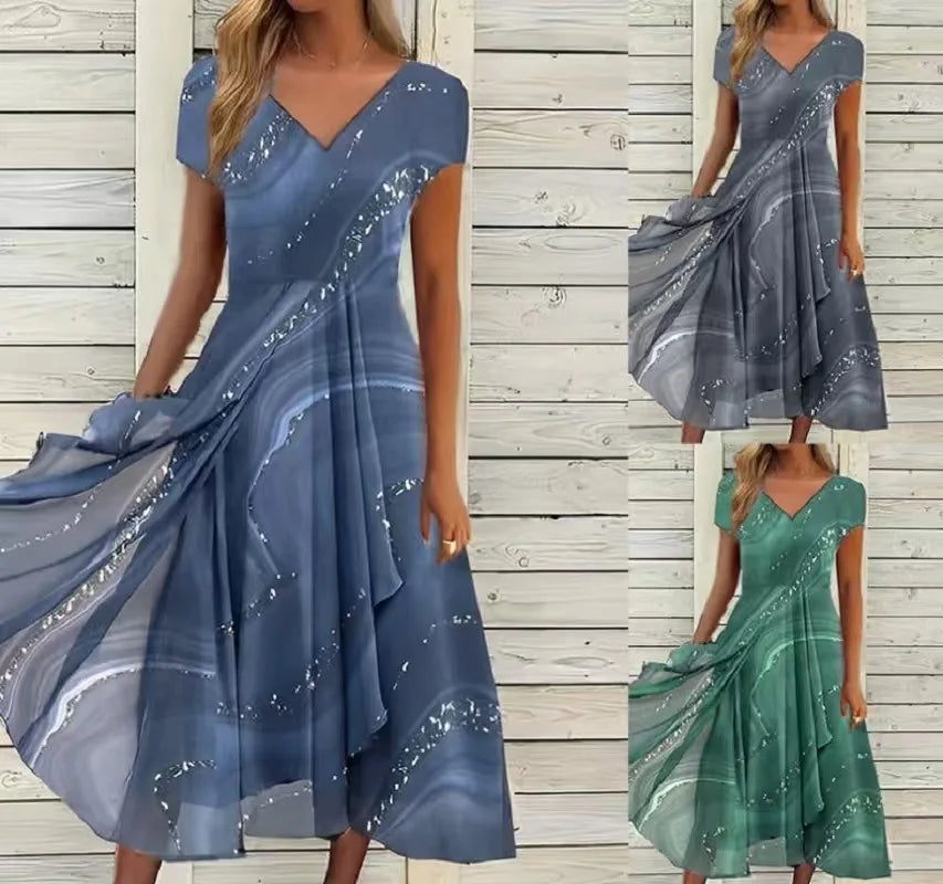 Women Summer New Dress Casual Fashion Chiffon Splicing Short Sleeve V Neck High Waist Dress