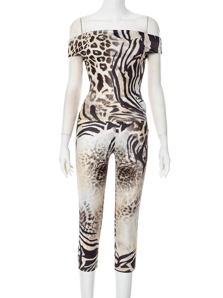 Weird Puss Leopard Print Fashion 2 Piece Set Women Slash Neck Backless Top+Skinny Peach Hip Crop Pants Hottie Hipster Streetwear