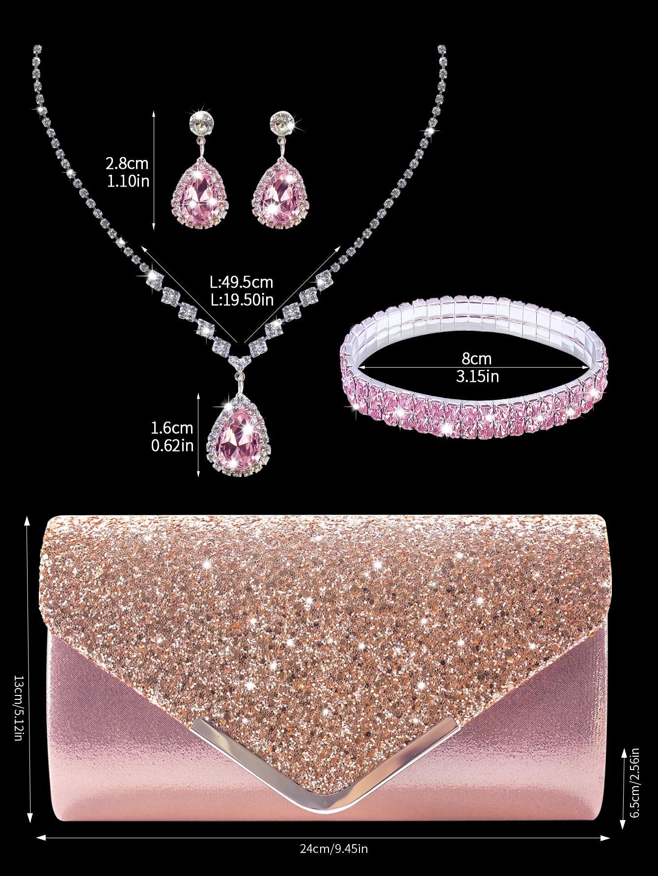 Sparkling and luxurious sequined evening clutch for women, paired with a gorgeous rhinestone necklace, earrings and bracelet set