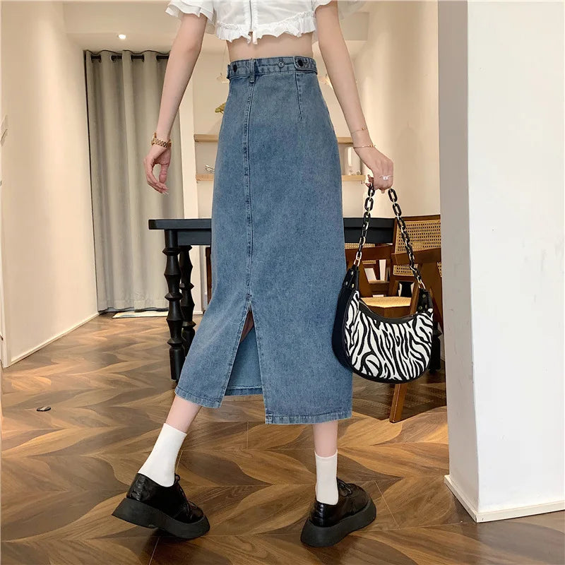 New 2022 Spring-Autumn Medium-Length Denim Skirt For Women High-Waisted Slimming Plus Size Curvy Girls A- Line Hip Covering Skir