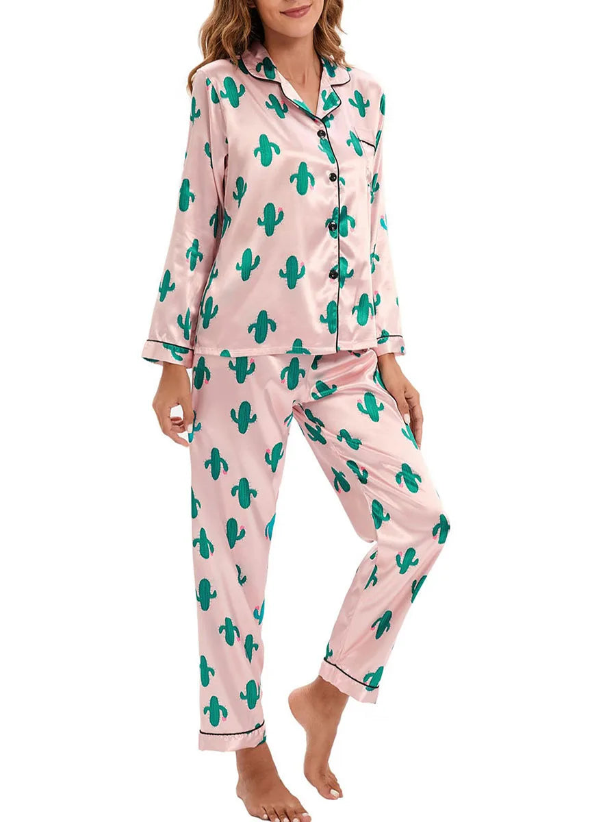 Women 2 Pieces Satin Pajamas Set Spring Autumn Long Sleeve Button Up Shirt and Casual Loose Elastic Pants Sleepwear Loungewear