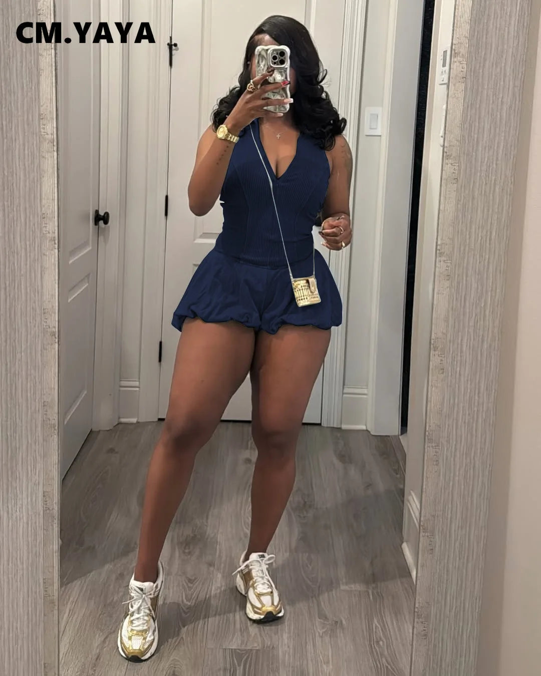 CM.YAYA 2025 Women Sleeveless Knitted Ribbed Patchwork Short Jumpsuit Playsuits Summer Street Elastic Party Romper One Piece Set
