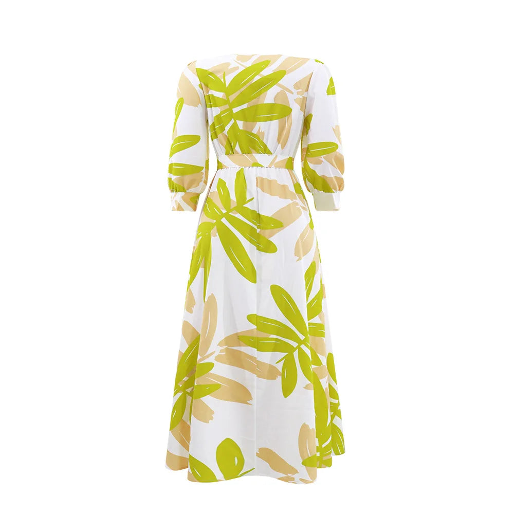 Summer Women's Printed Maxi Dress New Long Sleeve Waist Tie Sun Dresses Fashion Loose Women's Casual Dress 2024
