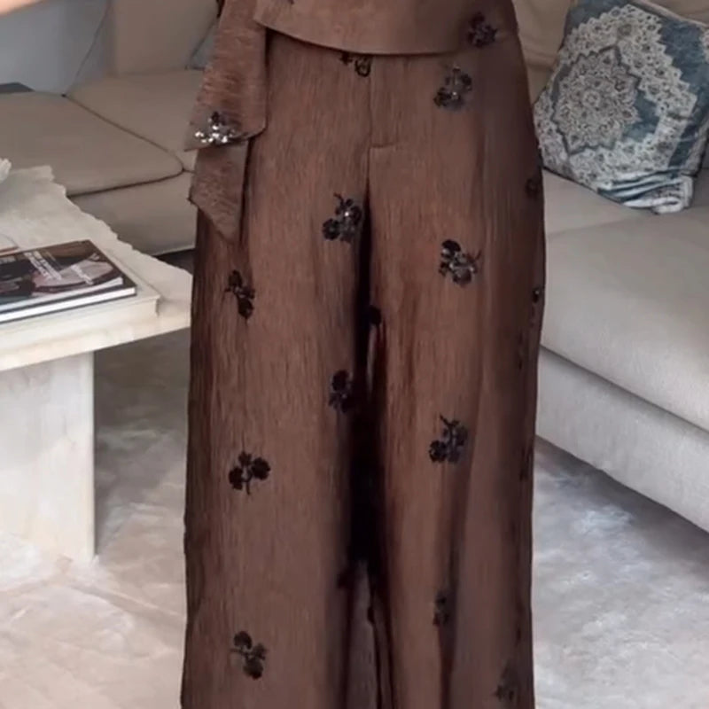 Elegant Sequin Halter Top and Wide Leg Pants Two Piece Set for Women