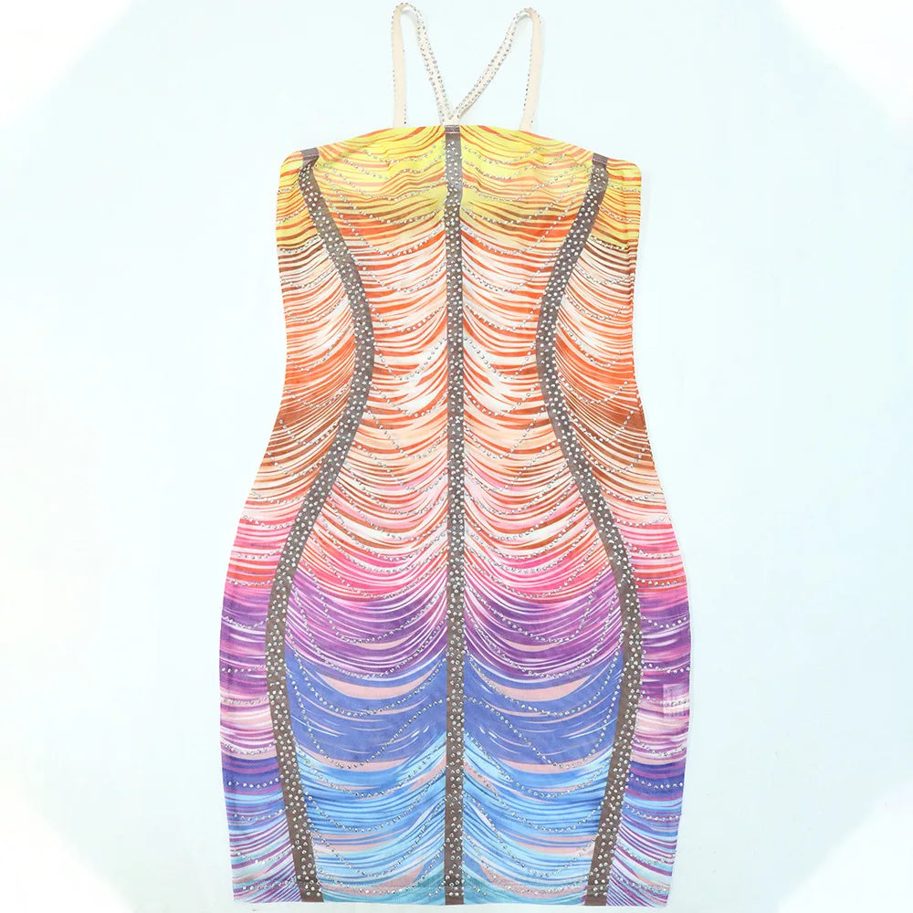CM.YAYA Women Rainbow Diamonds Crystal Tassel Halter Neck Bodycon Midi Dress 2024 Evening Sexy Party Club Chic Dresses Vestidos