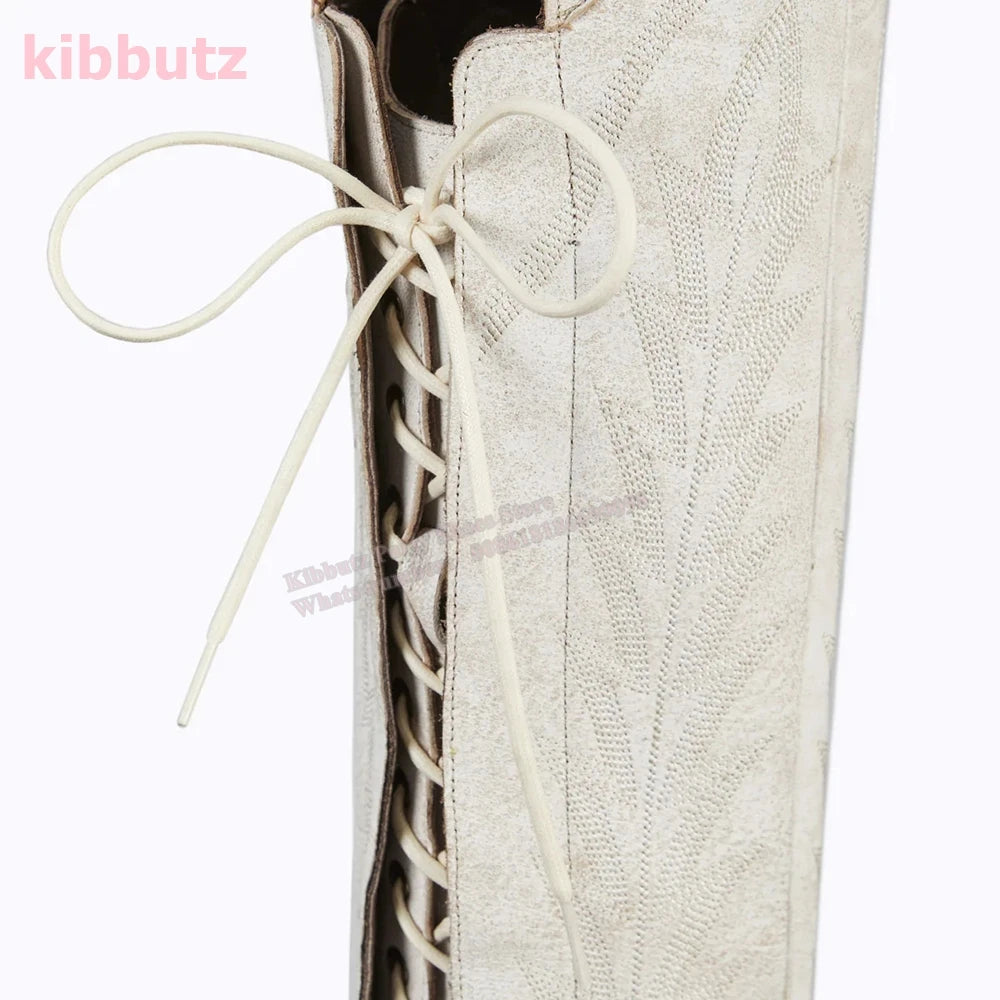 Rivet Cowboy Vintage Boots Over The Knee High Embroidery Lace-Up Luxury Leather Pointed Toe Chunky Heels Fashion Concise Shoes