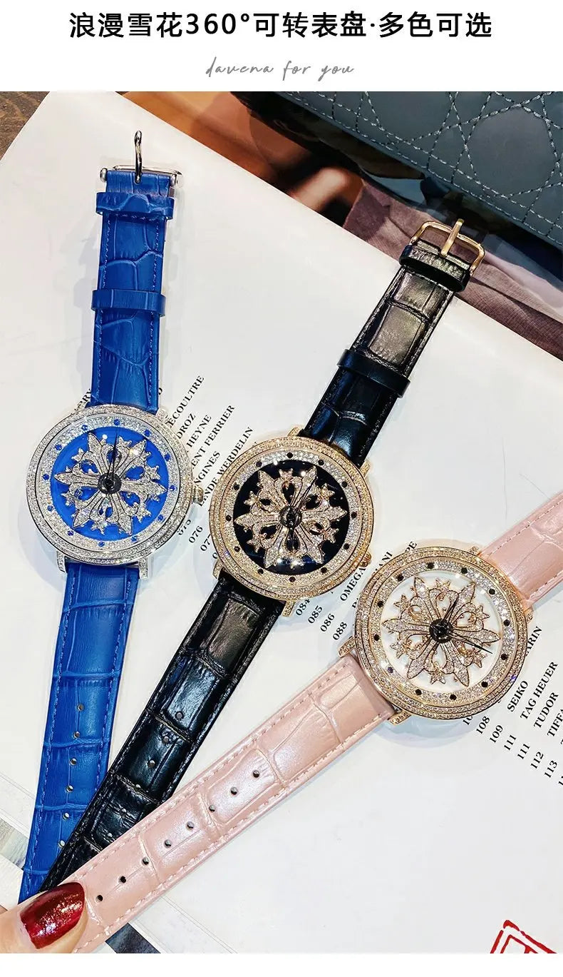 Luxury Davena Spin Snow Flower Women's Watch Japan Mov't Crystal Lady Hours Fine Fashion Real Leather Bracelet Girl's Gift Box