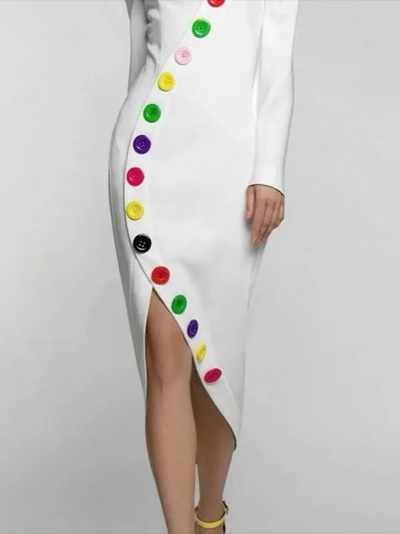 Beautyblue Elegant Woman Ceremony Dress Midi Dresses Fashion Buttoned Contrast Color Long Sleeves High Neck White Winter Dress
