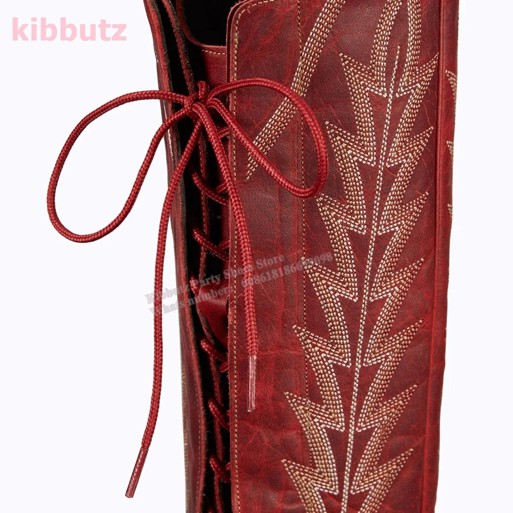 Rivet Cowboy Vintage Boots Over The Knee High Embroidery Lace-Up Luxury Leather Pointed Toe Chunky Heels Fashion Concise Shoes