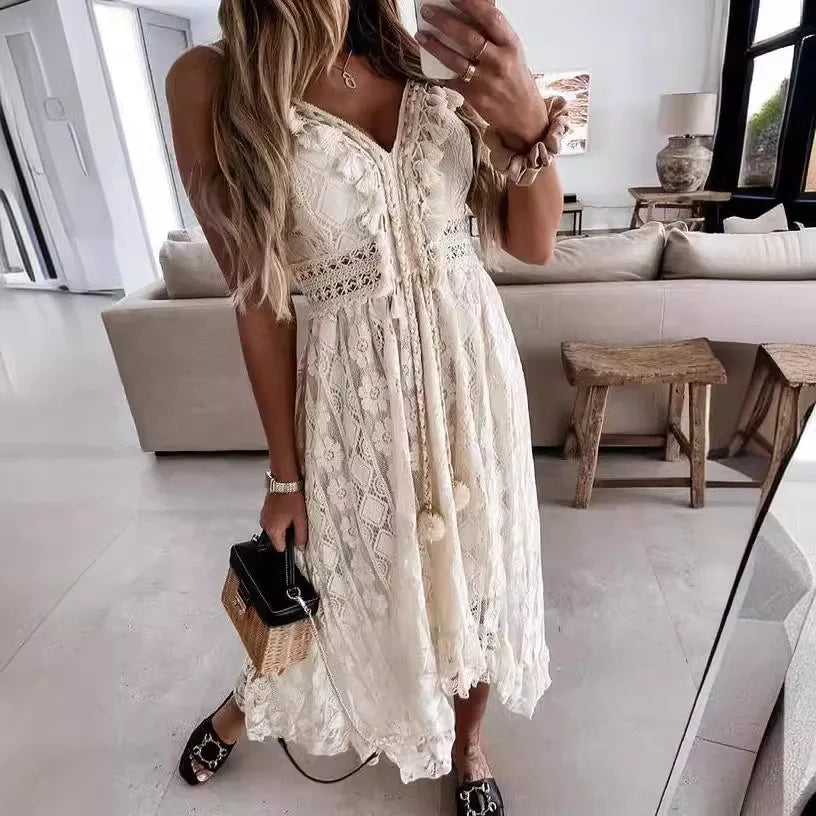 Summer Women Lace Strapless Flared Maxi Dress Solid White Long Dress Sleeveless V Neck Flowy Ruffle Bohemian Dresses