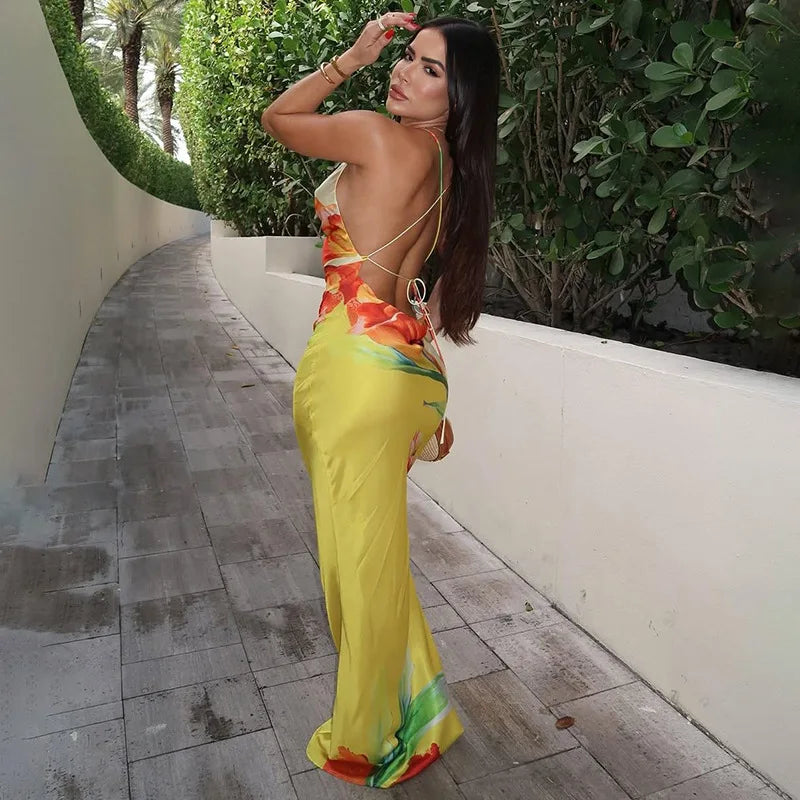 GLCMYAYA Women Floral Printed Bodycon Midi Backless Satin Maxi Long Dress 2025 Vacation Holiday Party Birthday Dresses Vestidos
