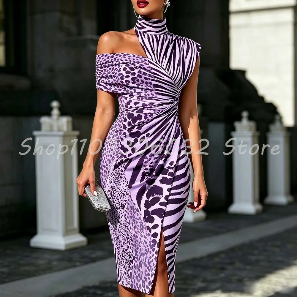 Animal Print One Shoulder High Neck Bodycon Dress for Women