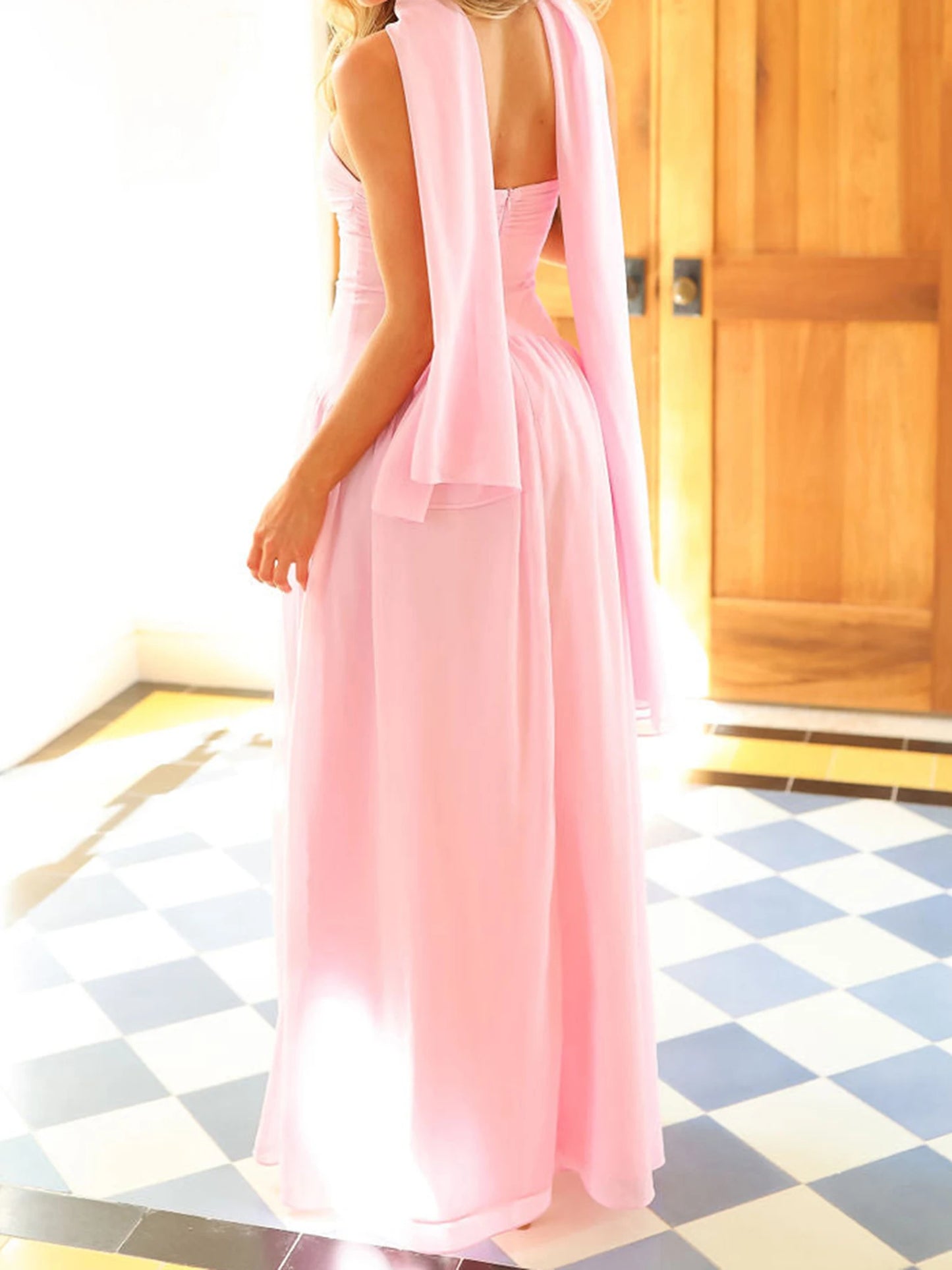 Women Long Dress Solid Color Tube Dress Summer Fashion Backless Casual Strapless Dress with Choker Scarf