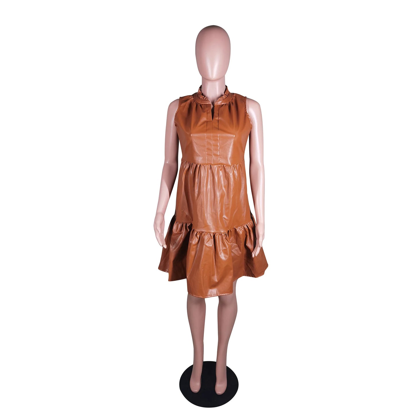 Women V-neck Sleeveless PU A-line Cascading Ruffles Hem A-line Mini Dress 2025 New Classic Faux Leather Fit Flare Dress