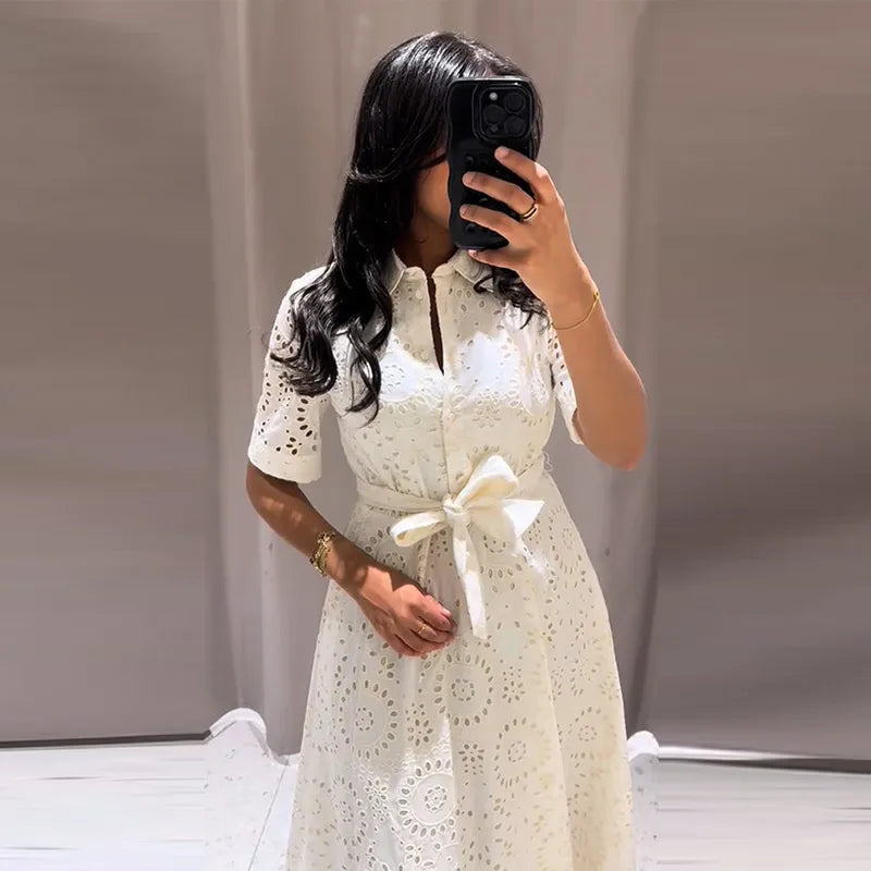 Embroidered maxi Dress Women Lapel Hollow Fashionable Short Sleeve Belt High Waist long Dresses Female Summer Chic robe