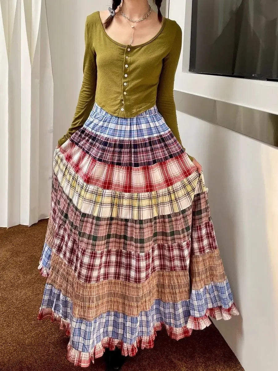 High Waist Plaid Patchwork A- Line Midi Skirt Women's Spring 2025 New Design Retro Unique Long Umbrella Skirt Polyester Fiber