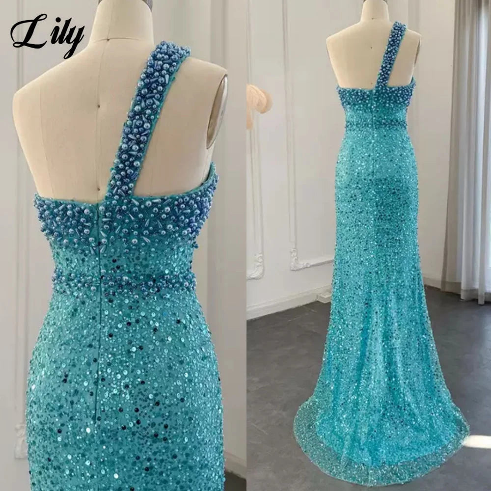 Lily Blue Gorgeous Rhinestones Prom Dresses One Shoulder Sleeveless Evening Dress Pearls Sequins Mermaid Party Gowns Customized