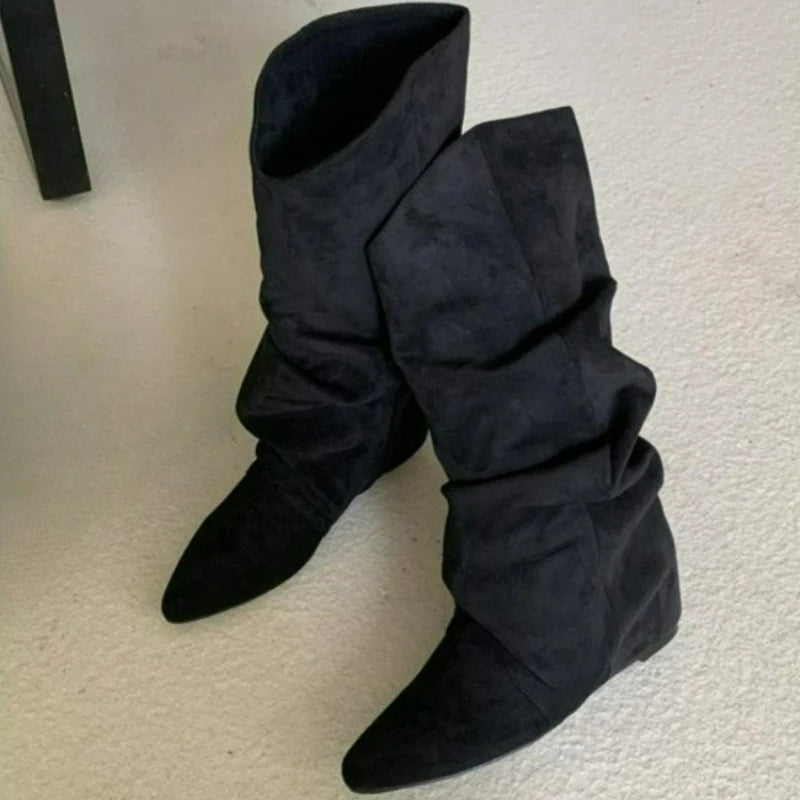 Pleated Pointed Toe Mid Calf Western Boots for Women