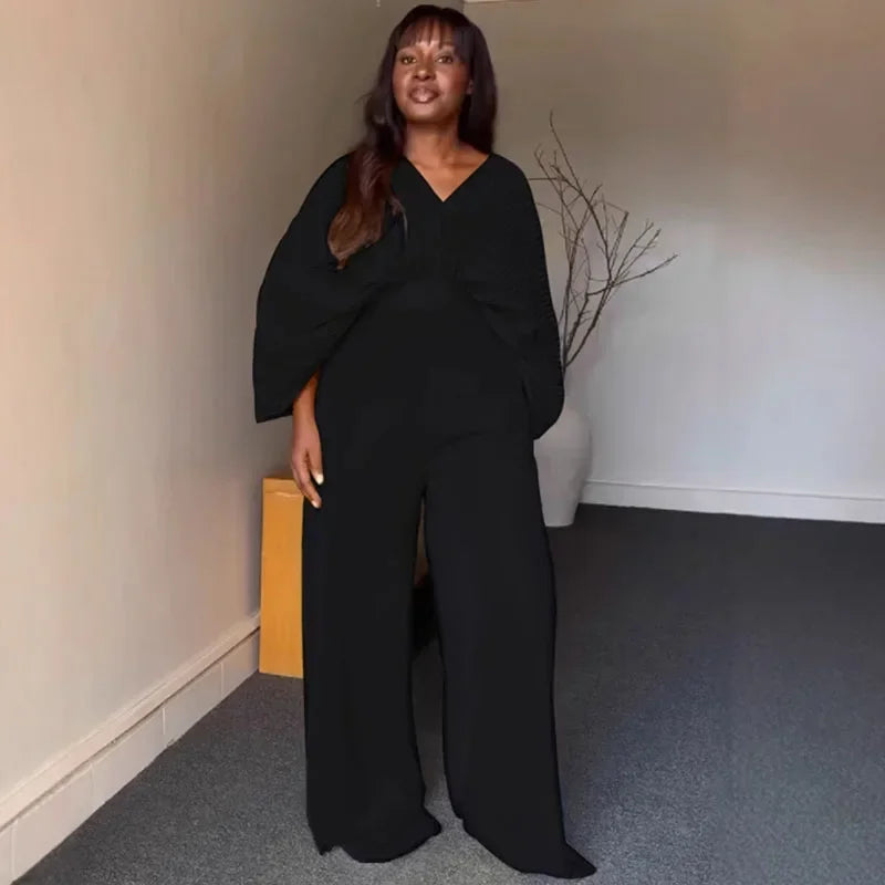 Pleated Blouse V Neck Full Sleeve and Wide Leg Pants Women Loose 2 Pieces Sets Elegant Office Ladies African Outfits 2025