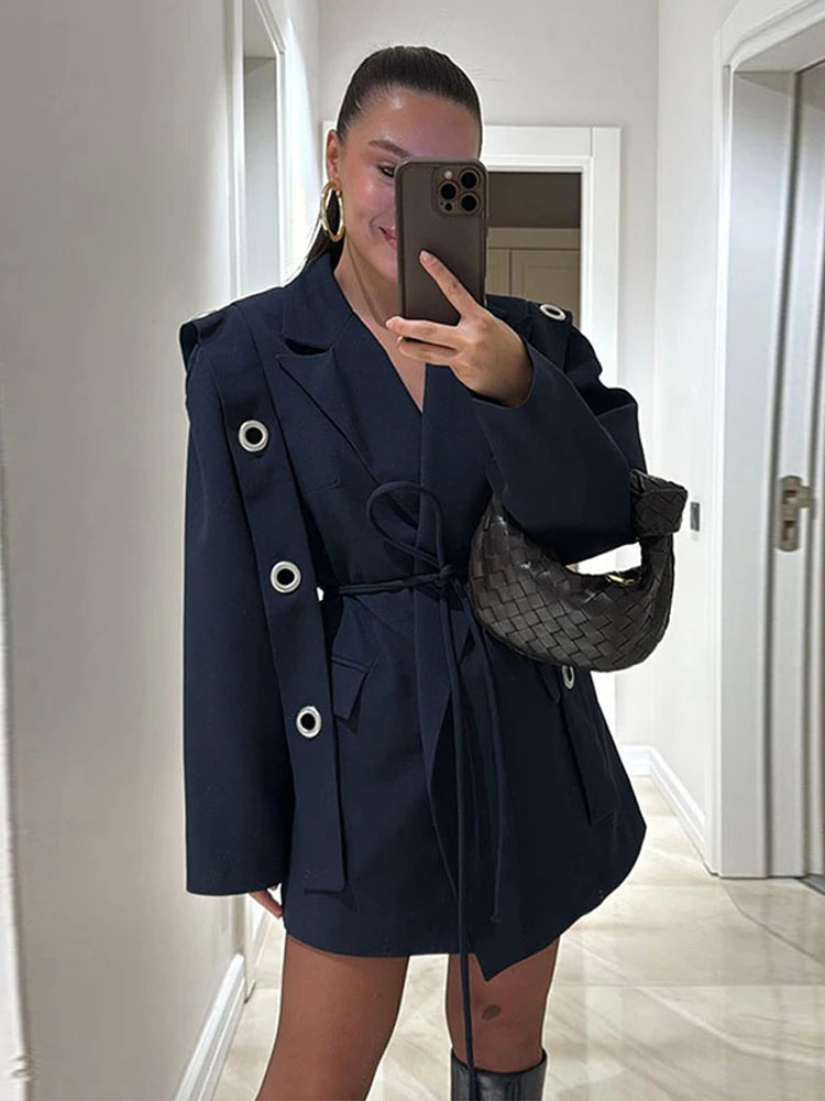 Vintage Tie Up Women 's Coats Elegant Laple Full Sleeve Pockets Hollow Out Blazer Female 2025 Autumn Winter Fashion Streetwears