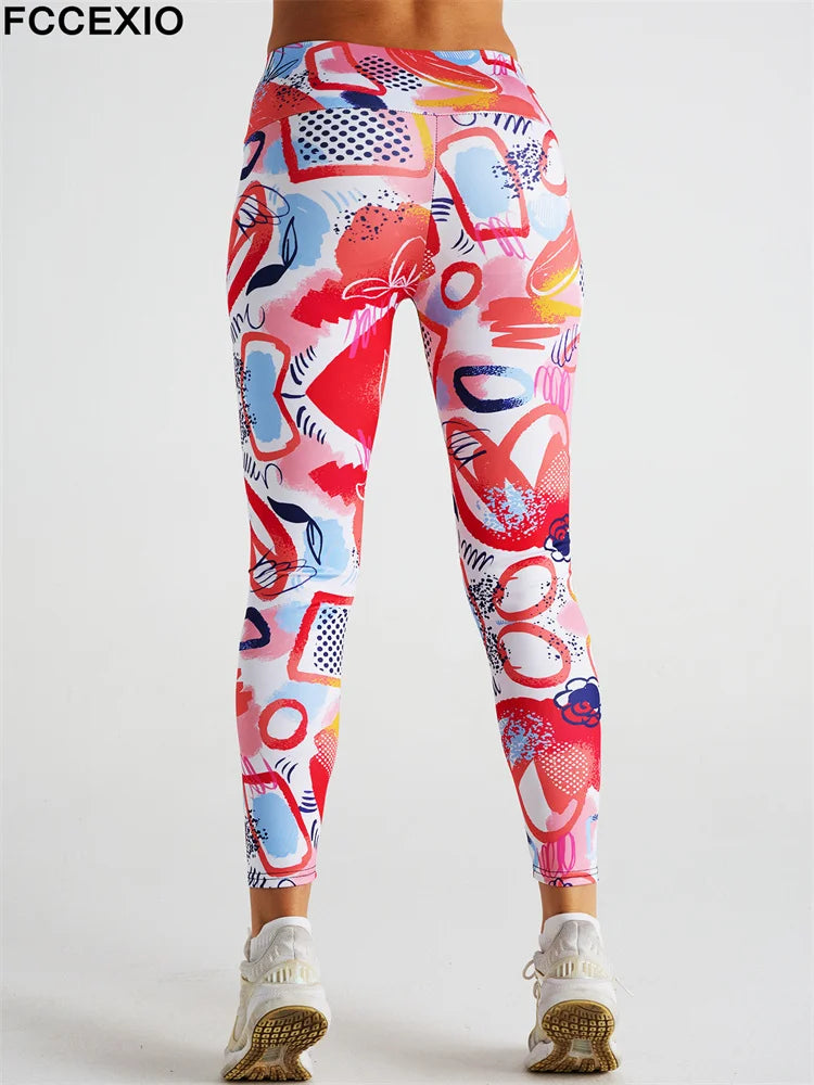 FCCEXIO Hot New Women Leggings Red Lip Love Digital Print Patchwork Fitness Legging Push Up Workout Leggins Pants Sexy Pants