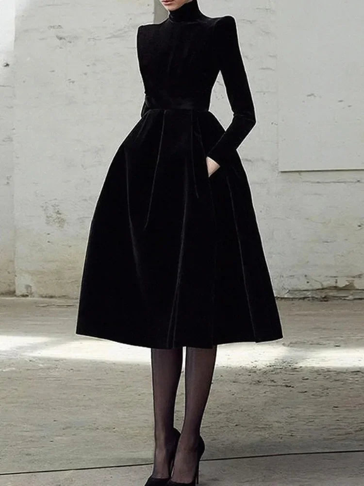 Beautyblue Womens Evening Dresses High Neck Midi Dress New Black Long Sleeves Elegant Party Dress for Female Casual Gathering