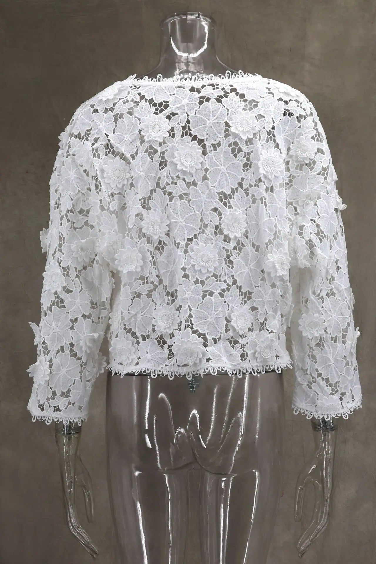 Summer Hollow Out Lace Loose Blouse Women V Neck Lace Flowers Single Breasted Long Sleeve Crop Tops Streetwear Fashion Shirts
