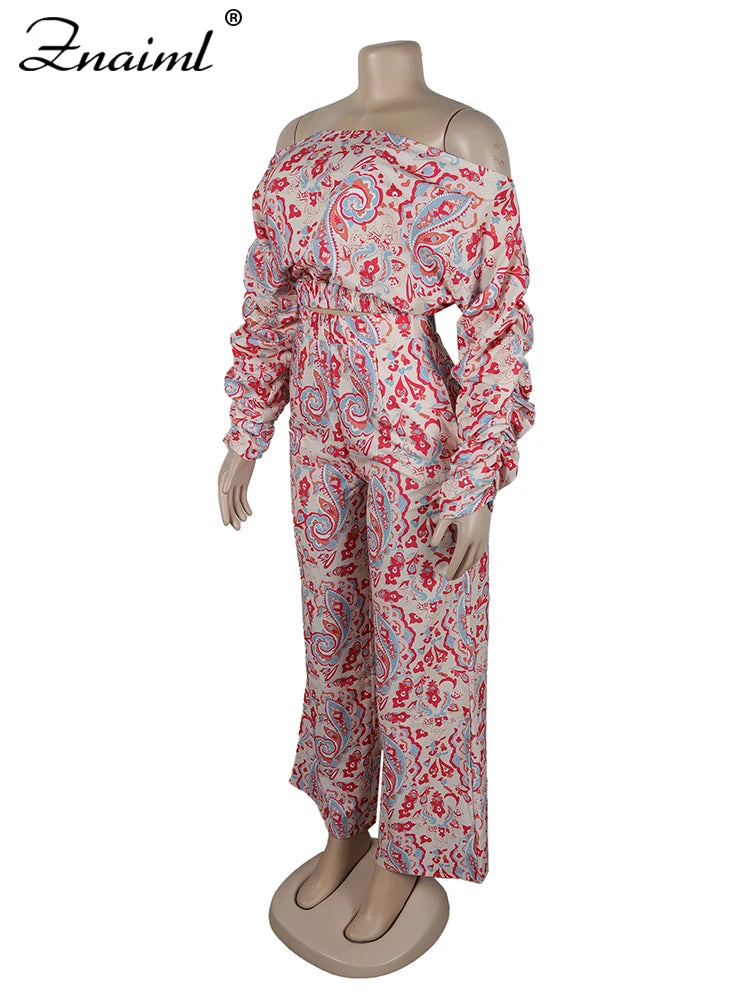Znaiml Fashion Print 2 Pieces Pants Women's Sets Summer Off Shoulder Long Sleeve Crop Top and Wide Leg Trousers Suits Tracksuit