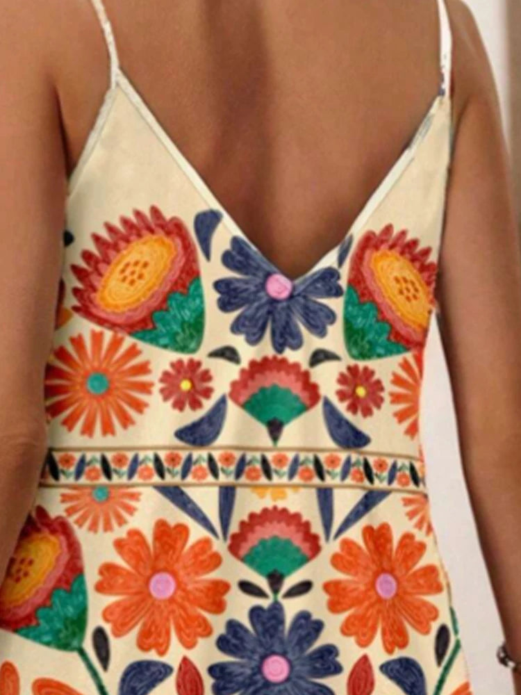 Women's flower print vacation relaxed atmosphere comfortable and breathable V-neck suspender dress