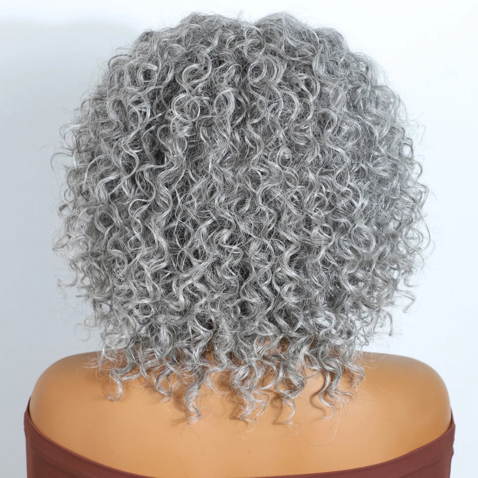 Lekker Gray Short Afro Kinky Curly Bob Middle Part 100% Human Hair Wigs For Women Brazilian Remy Hair Glueless Daily Mom Wigs