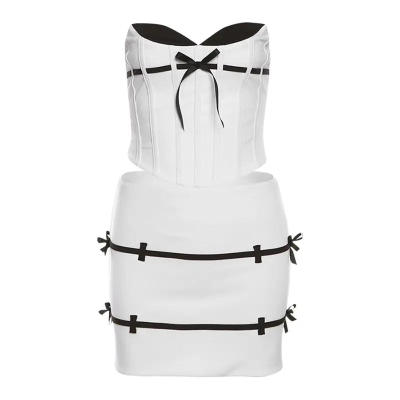 Summer Sexy and Literary High-end Black and White Contrasting Bow Strapless Vest Women with Versatile Slim Hip Short Skirt Suit
